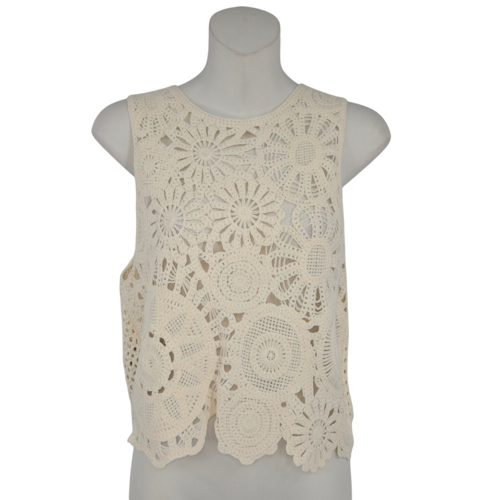 MNG Crochet Tank Top Women Small Ivory Floral Knit Sleeveless Boho Festival Chic